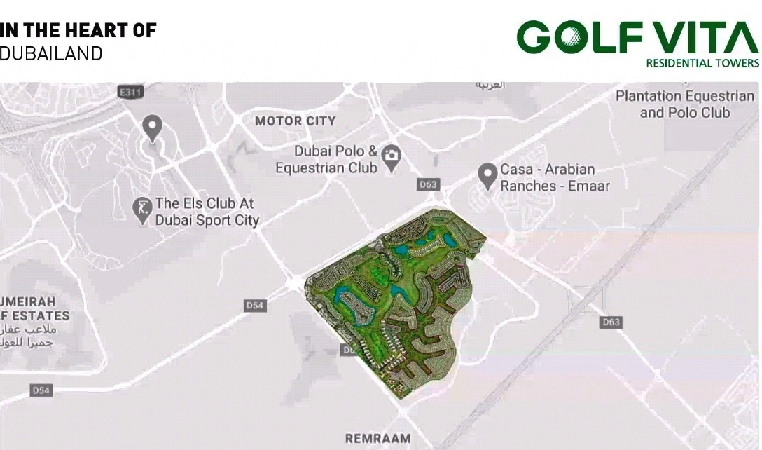 Golf Vita apartment dubai location map