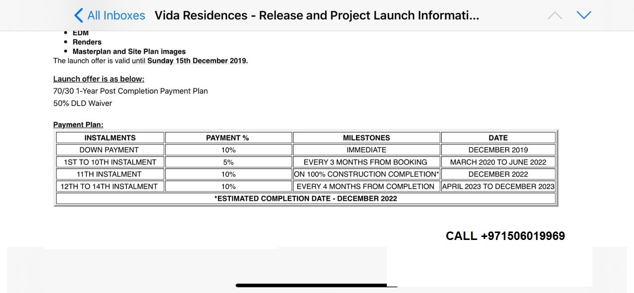 Vida Residences Creek dubai Beach payment plan